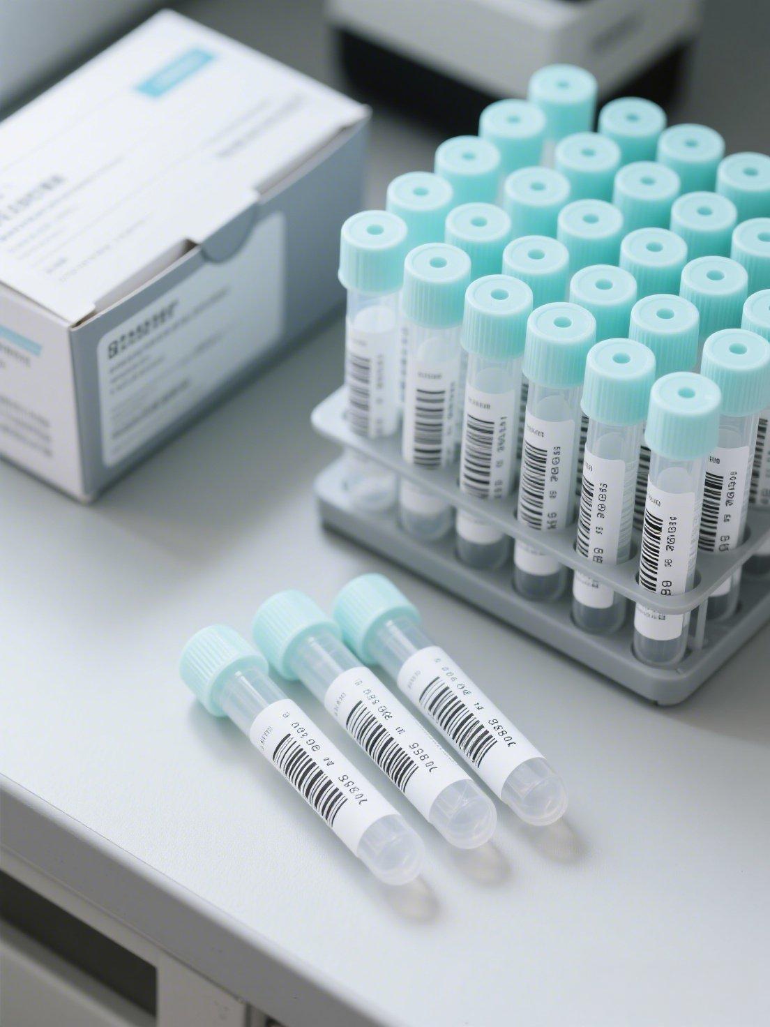 前景擺放著藥盒側(cè)面灰白色醫(yī)療級紙質(zhì)標，兩支試制擺放在桌子上。背景為實驗室試管架，完整顯示試管架上擺滿了20多支塑料試管，